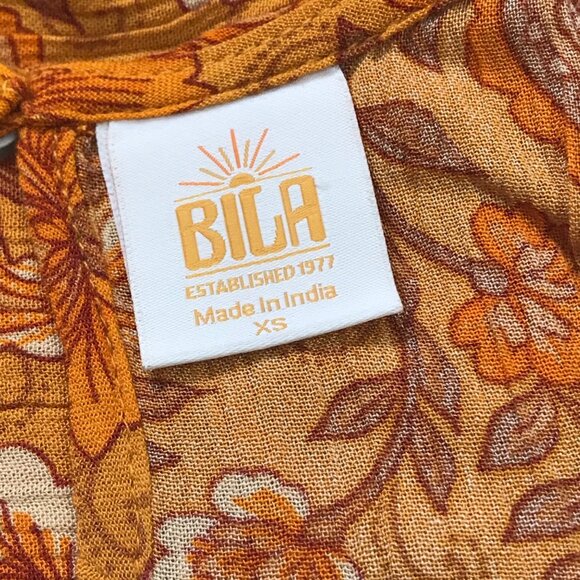 Bila Floral Paisley Short‎ Tiered Dress Women's XS Boho Relaxed Fit Marigold NEW - Picture 8 of 10